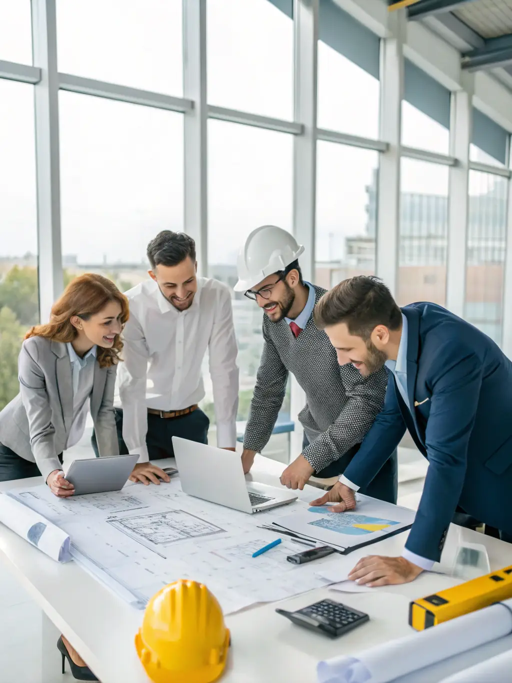 An image depicting a team of Homestead Timber Buildings professionals collaborating on a property development project, reviewing blueprints and discussing construction plans, highlighting their comprehensive support and expertise in property development.
