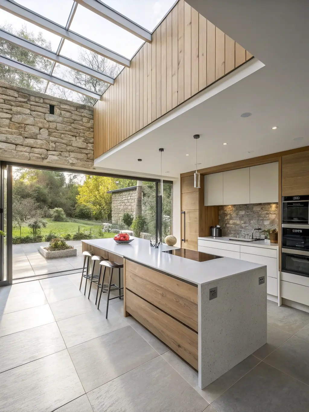A photograph of a modern kitchen extension seamlessly integrated with an existing home, featuring large windows, natural light, and high-end appliances, demonstrating Homestead Timber Buildings' expertise in creating functional and stylish living spaces.